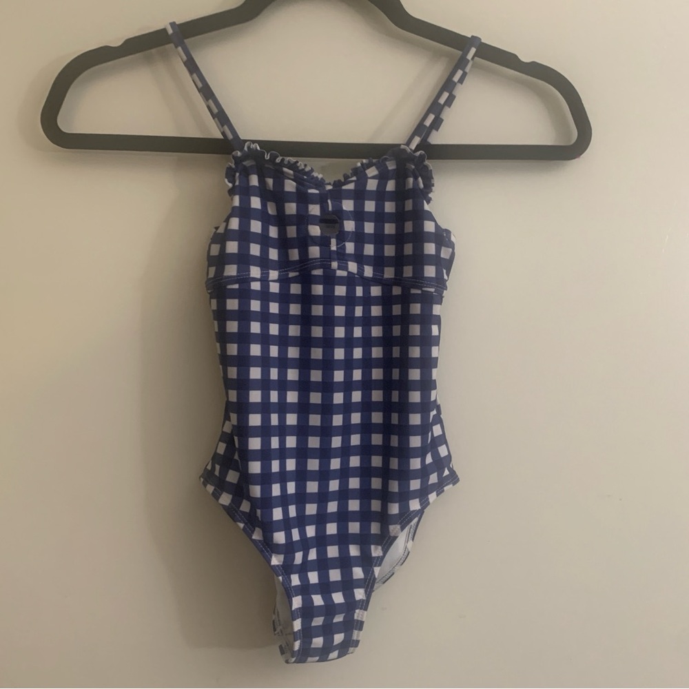 Art class 6T girls Blue and White Checkered Swimsuit ruffle neckline Clean